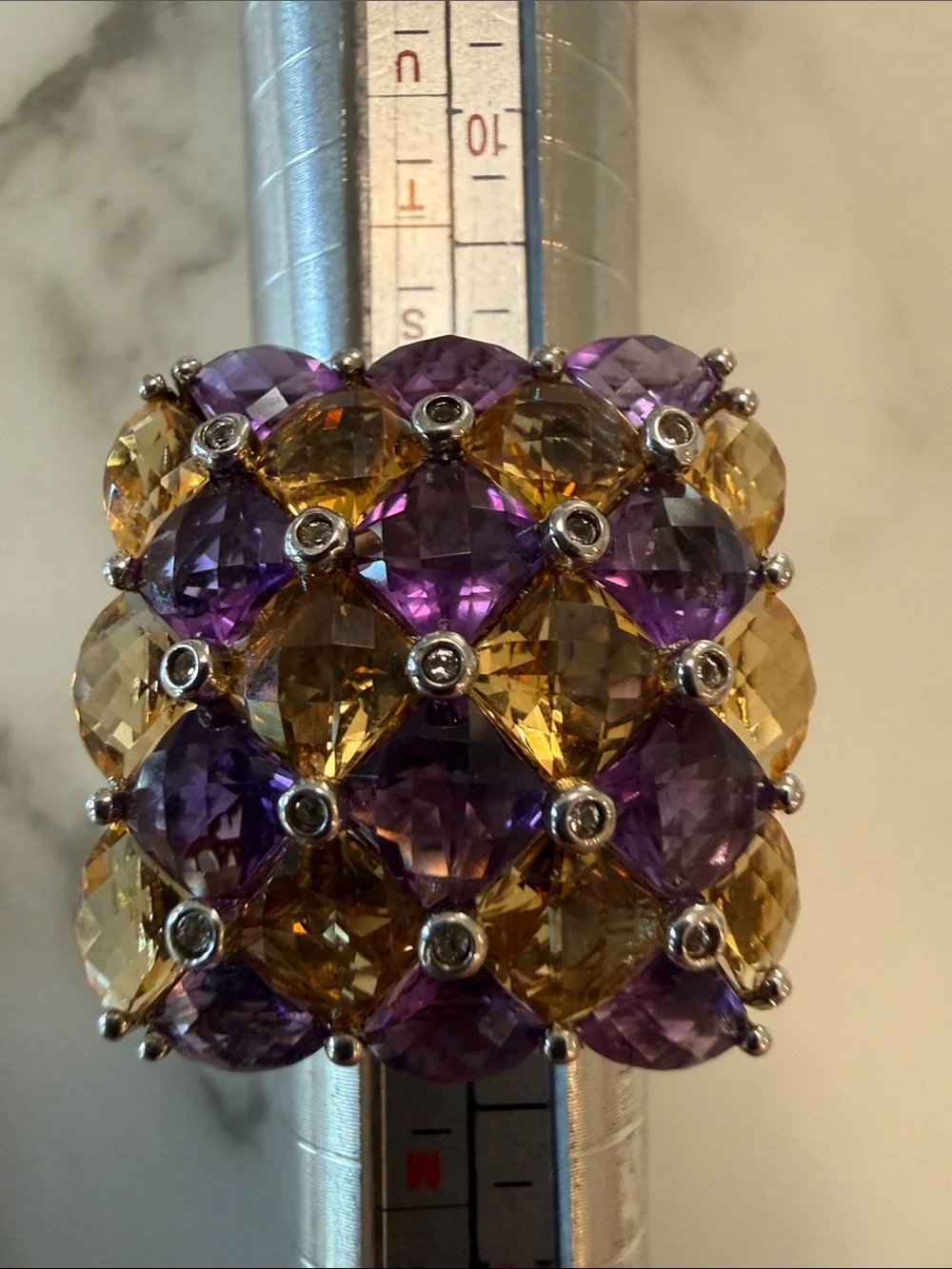 Amethyst-garnet-topaz silver checkerboard ring, size 8